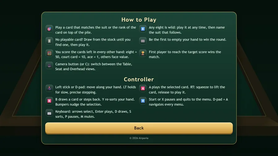 The How to Play panel: six rules and a camera line in two columns, then the Controller section and a Back button