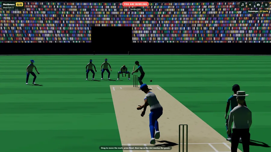 Seen from behind the bowler under floodlights as he lets the ball go; the batter, the keeper and three slips wait for it.