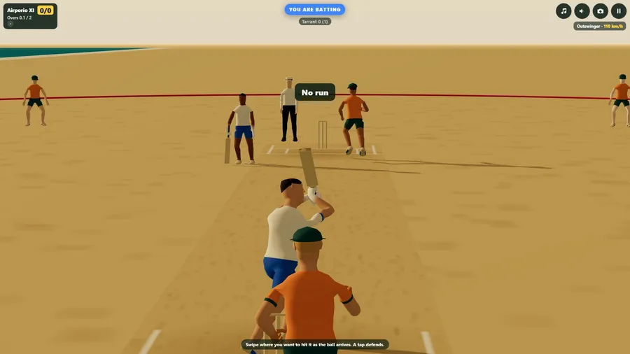 A game on the beach seen from behind the batter, who has just hit the ball; fielders in shorts stand on the sand.