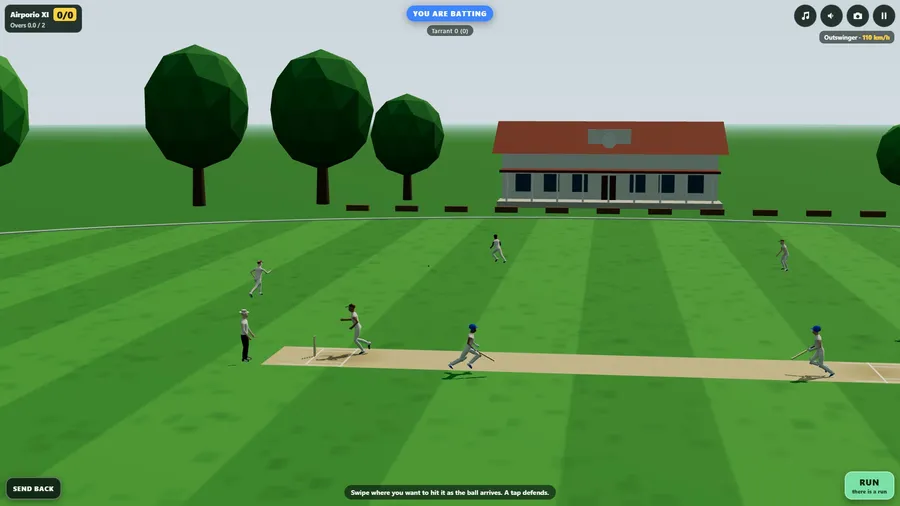 Seen from square of the wicket on a village green: both batters are running between the wickets as fielders close in.