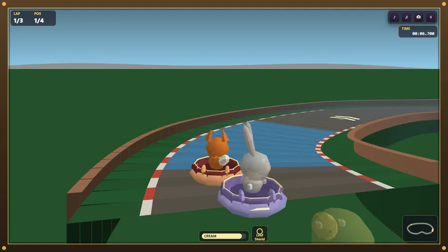 Chase view: a fox and a grey bunny side by side where Mill Meadow Run crosses the stream; LAP 1/3, POS 1/4, 00:06.700