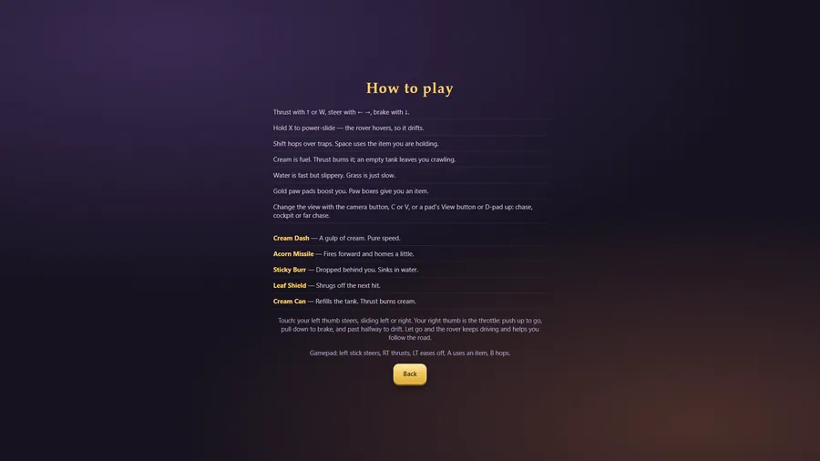 How to play: seven lines of controls and rules, the camera line among them, the five pickups, and the touch and gamepad lines