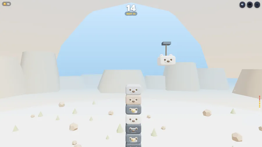 The level side camera in the Tundra habitat: a white critter swings from the crane above a tower of fourteen, score 14