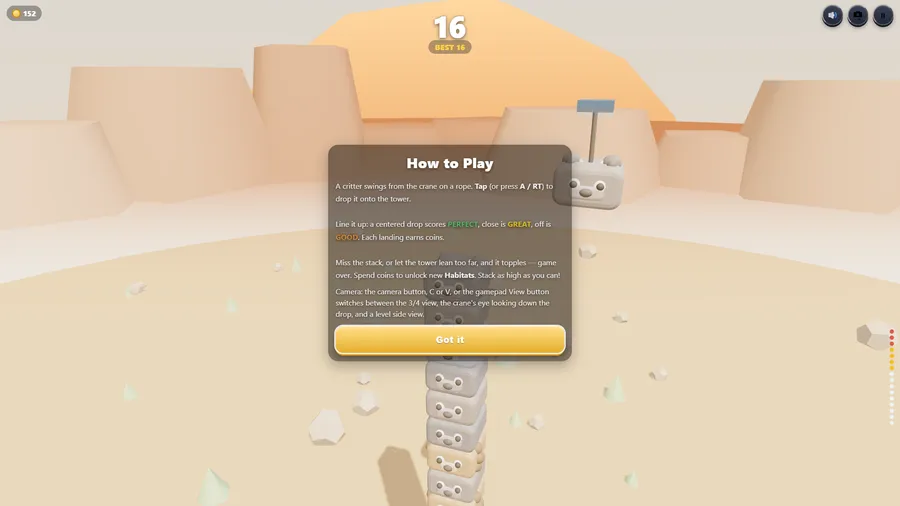How to Play over the game: tap to drop the swinging critter, PERFECT, GREAT and GOOD, the camera line, then Got it