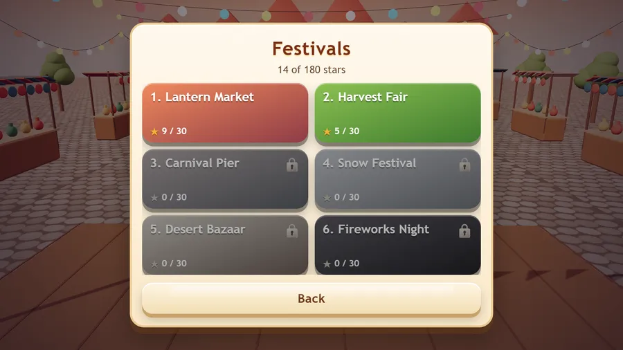 Festivals screen, 14 of 180 stars: Lantern Market 9/30 and Harvest Fair 5/30 open, four more festivals locked