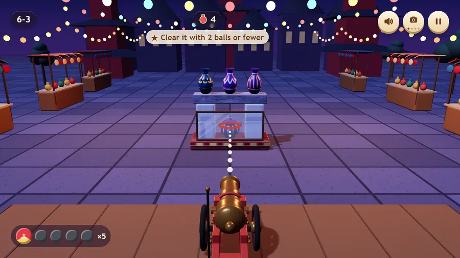 Stall 6-3 at night: three vases on a block above a glass case, the cannon's dotted aim line, 4 jars and 5 balls