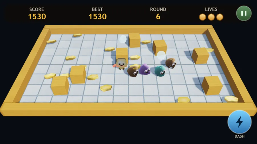 A crisp near a cluster of teal, brown and purple crumb monsters among crates and crisps; score 1530, round 6