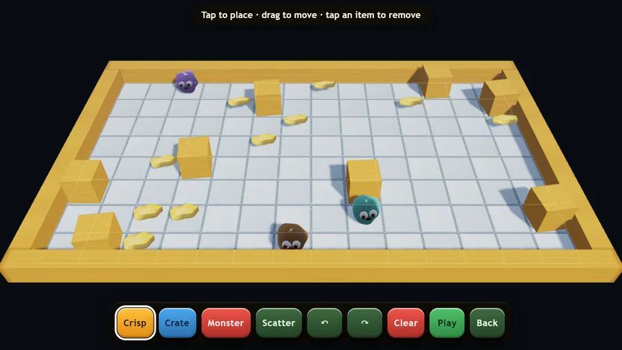 Kitchen Editor: crisps, crates and three monsters on the board, with Crisp, Crate, Monster, Scatter, Clear, Play and Back