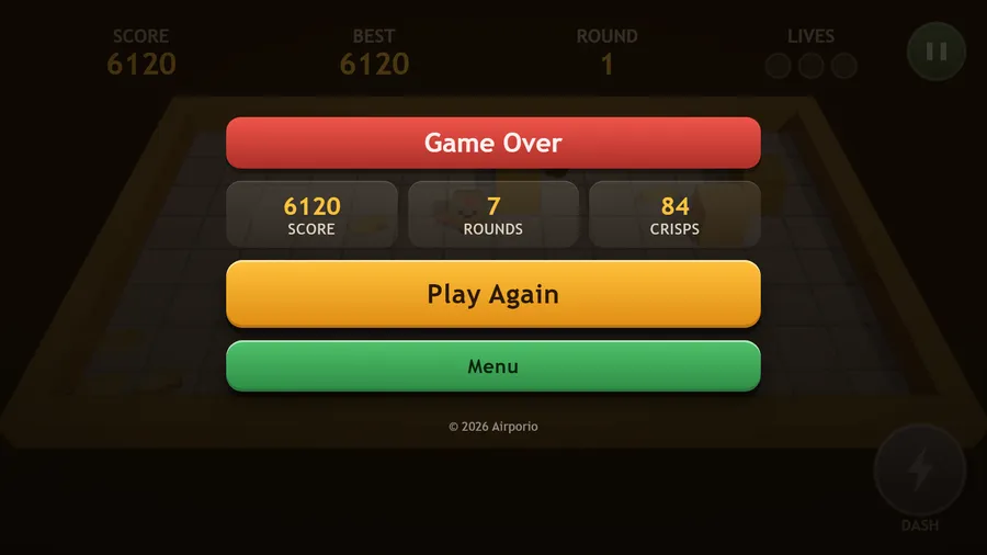 Game Over panel showing score 6120, 7 rounds and 84 crisps, with Play Again and Menu buttons