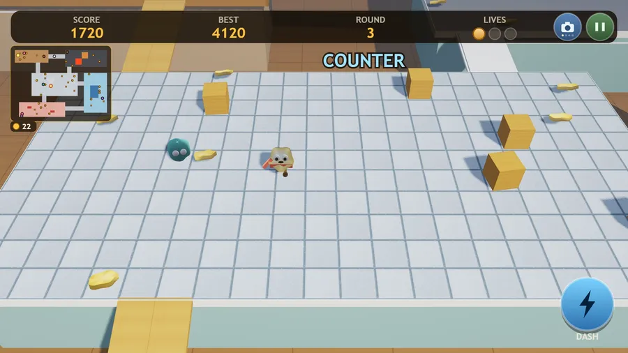 Kitchen view of the counter in round 3, score 1720, crates and crisps, a crumb monster and the whole kitchen on the map