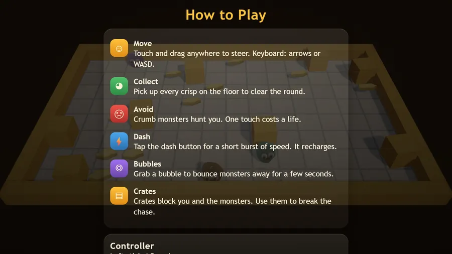 How to Play panel with six rules: Move, Collect, Avoid, Dash, Bubbles and Crates