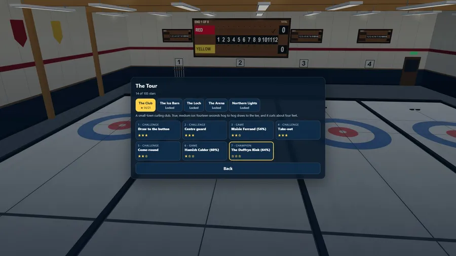 The Tour menu: five rink tabs and seven level cards with stars, challenges and opponents.
