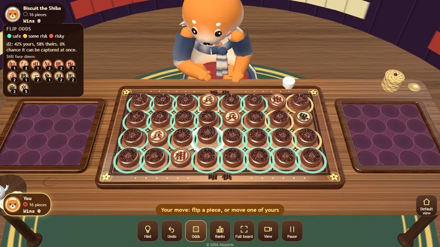A new deal: all pieces face down, with coloured rings for the flip-odds helper and a count of hidden pieces.