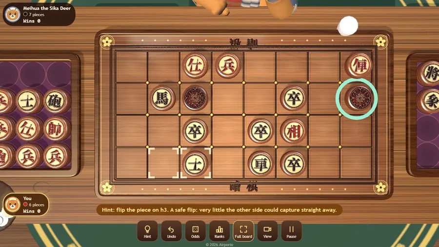 A midgame hint: a green ring marks the suggested move, the hint line explains why, and captures fill the trays.