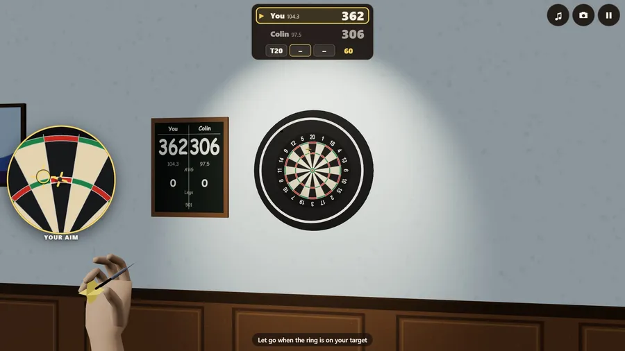 Over the thrower's shoulder at the social club: the hand and dart in front, the board in its black ring ahead.