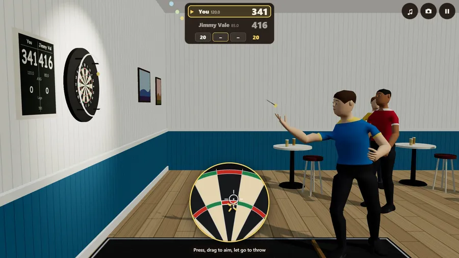 From the side at the pier: the thrower's arm at full stretch and the dart in the air on its way to the board.