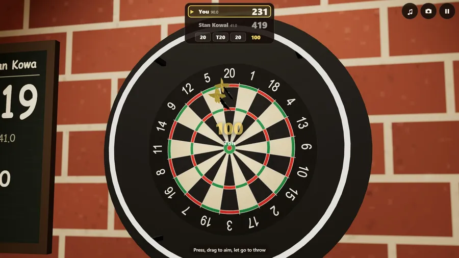 The board close up on a brick wall, three darts in the 20 and the score of the visit called out.