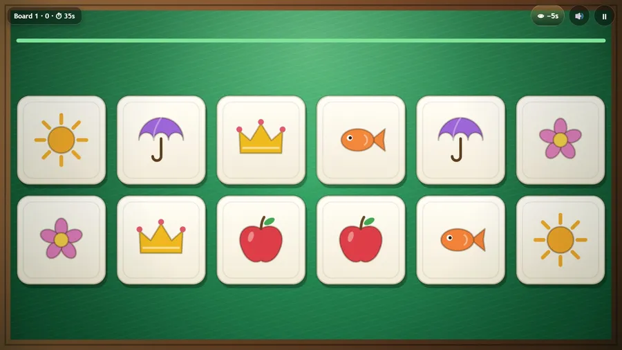 Board 1 opens with all twelve cards face up for a moment: two each of sun, umbrella, crown, fish, flower and apple