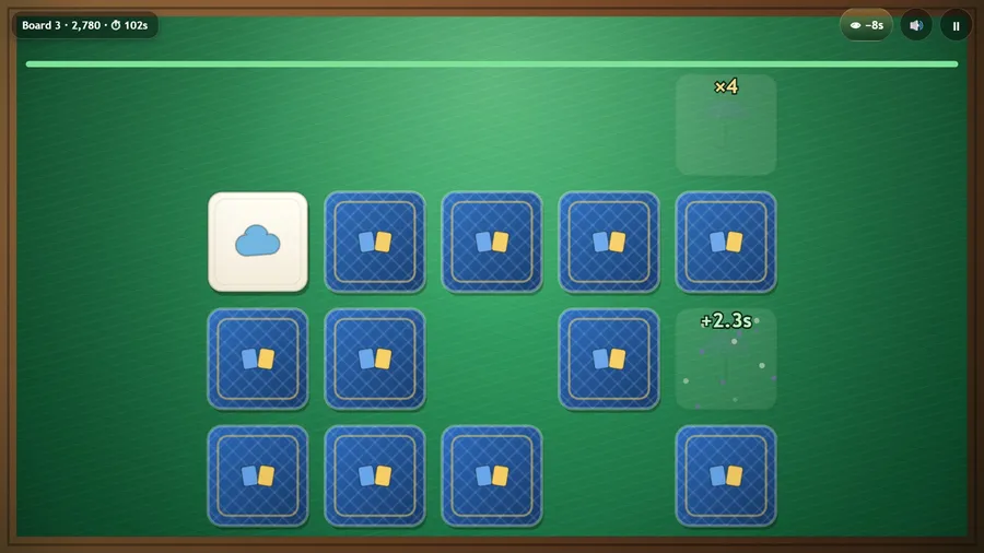 Board 3 in play: pairs cleared, a cloud turned over, and a match scoring a streak of ×4 and +2.3s on the clock