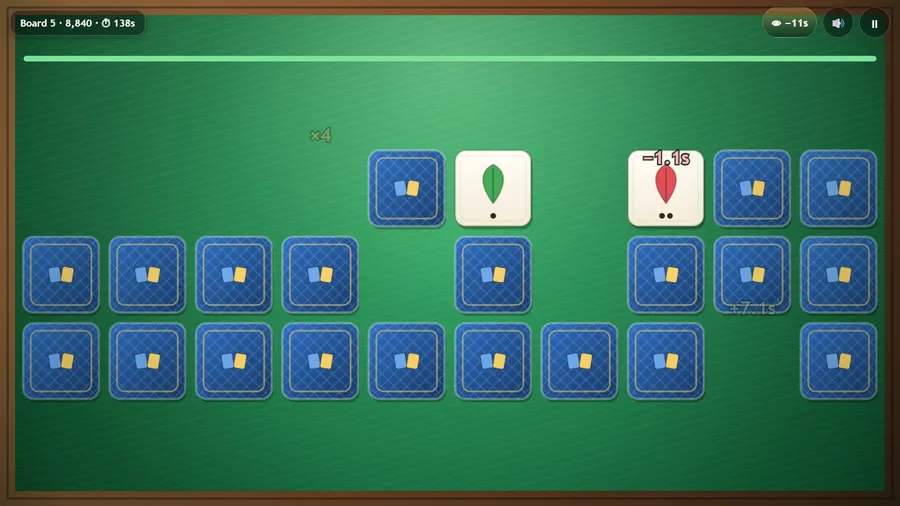 Board 5: two look-alike leaves, green with one dot and red with two, are not a pair, and the miss costs 1.1 seconds