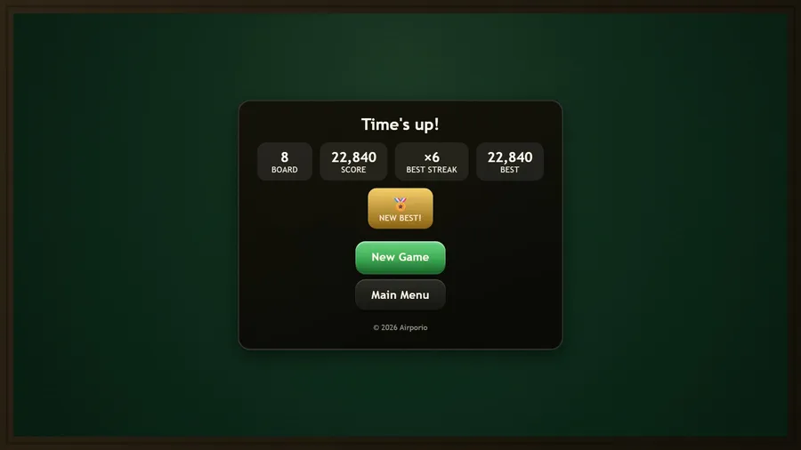 Time’s up: board 8, a score of 22,840, a best streak of ×6 and a new best