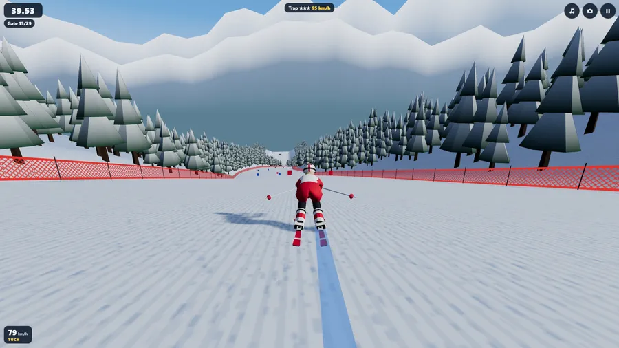 Seen from close behind, a racer crouches in a tuck on an icy super-G course between red safety nets.