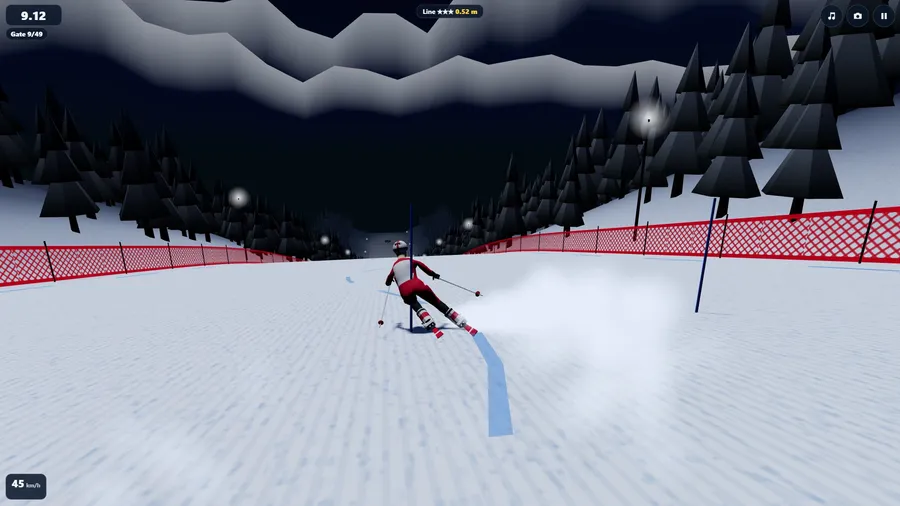 Night slalom under floodlights: a racer leans hard round a blue pole with a plume of snow behind the skis.