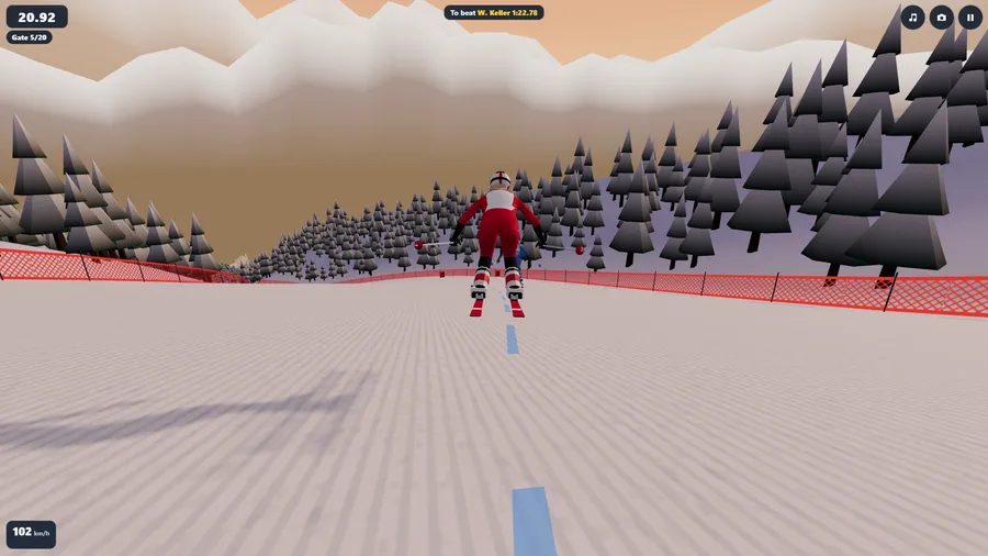A racer in the air off a roll on a downhill course at dusk, skis level, dark forest ahead.