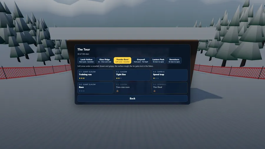 The Tour screen: six mountains across the top and six levels at Powder Bowl, with stars earned on three.