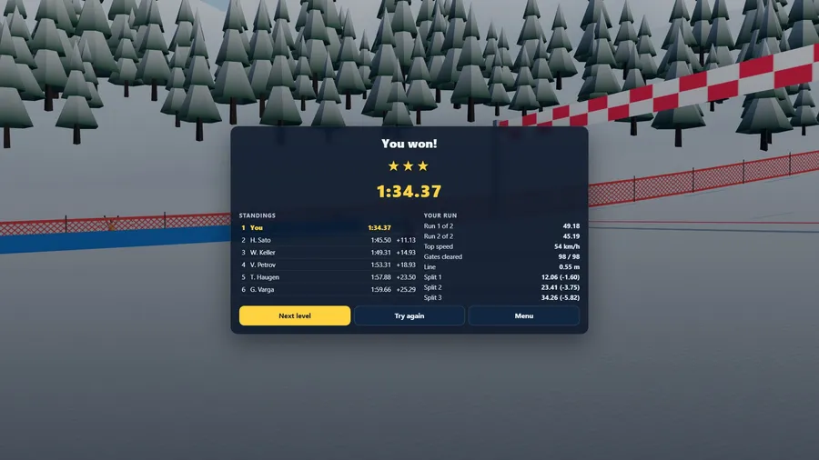 A results sheet: three stars, a two-run time of 1:34.37 and the standings above five named racers.