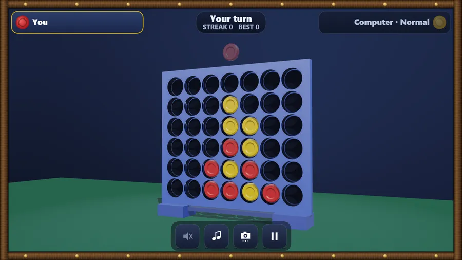 The low view at the rack's side: eye level with the grid, red and yellow discs stacked in the middle columns; Your turn