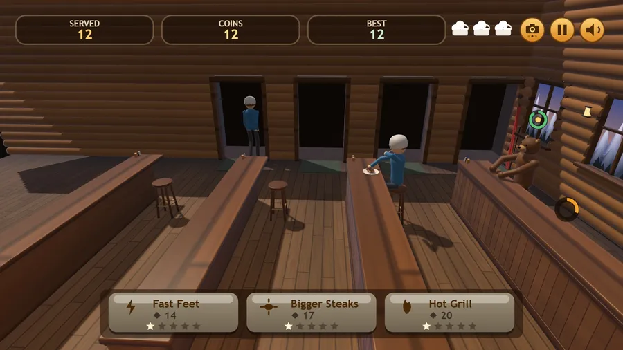 The cook's view from the fire: bar counters running back to the log wall and its doors, a guest waiting on a stool