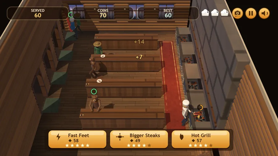 Late in a run: two bears at the counters, +14 and +7 payouts, the cook plating at the fire; 60 served