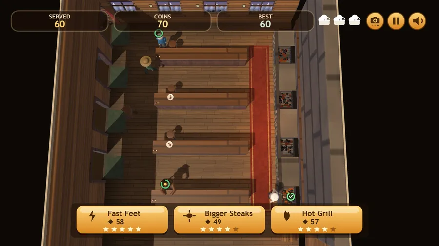 Straight down on the lodge: four counters and stools, the red runner down the cook's aisle, the hearth's grates