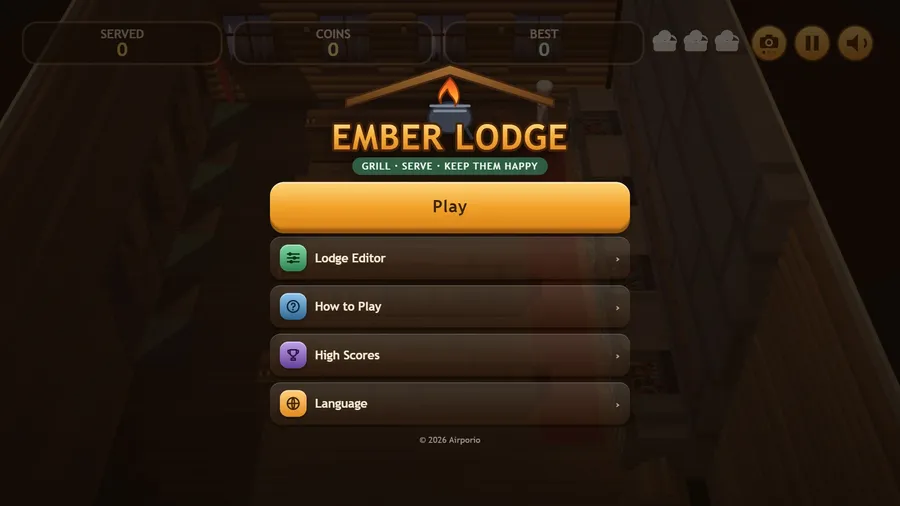 Ember Lodge title menu over the 3D lodge, with Play, Lodge Editor, How to Play, High Scores and Language