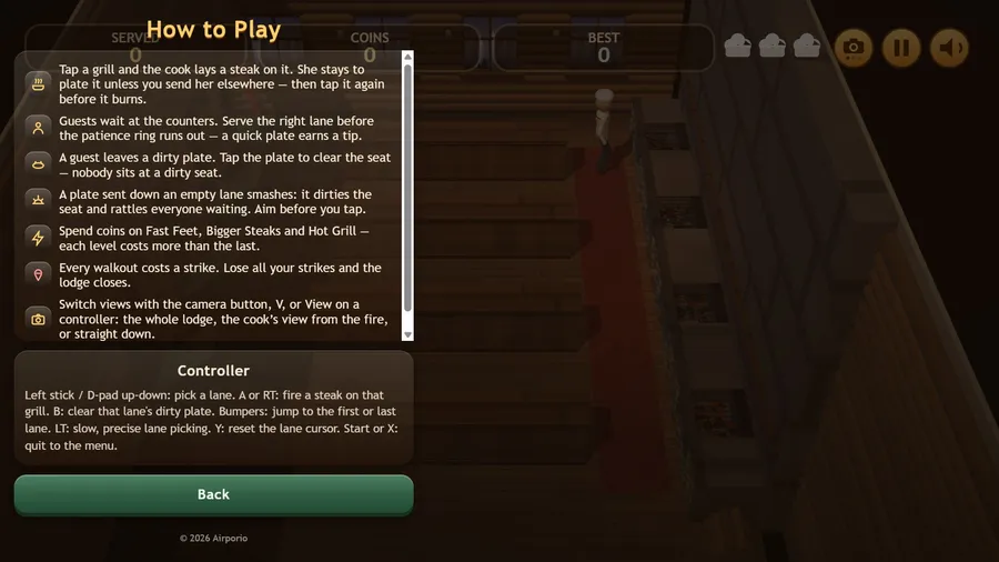 How to Play card: laying and plating steaks, tips, smashed plates, upgrades, strikes and switching camera views