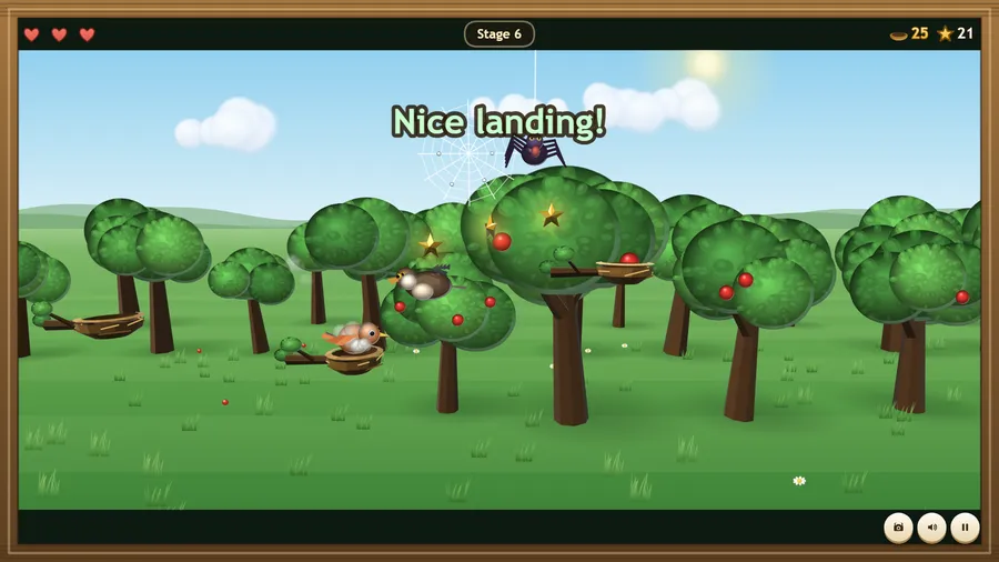 Stage 6: a bird settles into its nest under a spider on its web, with stars and apples in the orchard; Nice landing!