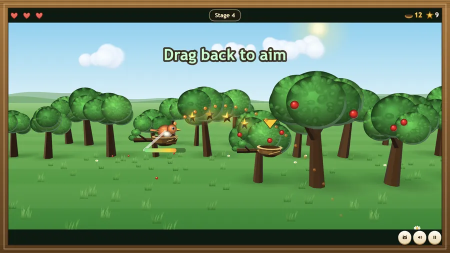 Stage 4: a bird aims from its nest along a dotted arc through four stars towards the next nest, under Drag back to aim