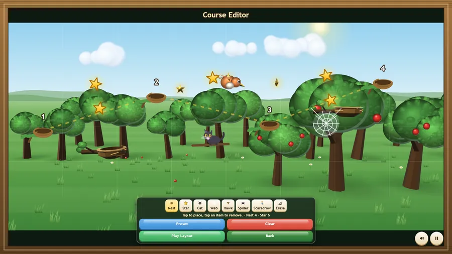Course Editor: four numbered nests on a dotted path with stars, a cat on a branch and a web, above the item toolbar
