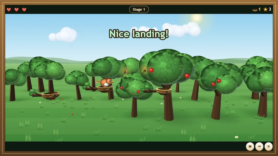 The bird lands in a nest with a "Nice landing!" message and a sparkle, one nest and 3 stars scored.