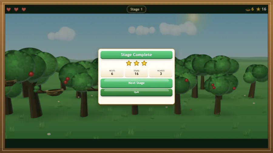 The "Stage Complete" card with three stars, 6 nests, 16 stars and 3 hearts, with Next Stage and Quit buttons.