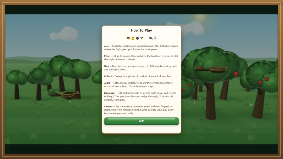How to Play card with Aim, Fling, Nest, Collect, Avoid and Gamepad instructions over a dimmed orchard