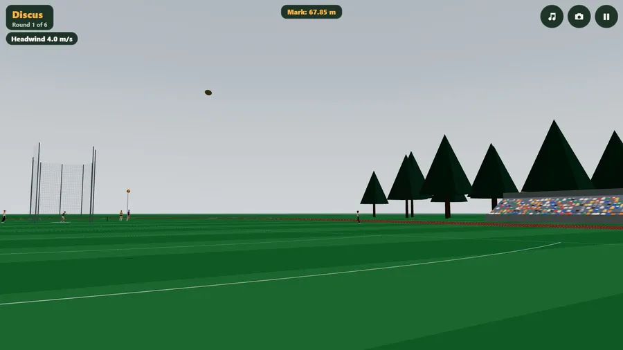A discus comes down toward white distance arcs on the grass under a grey sky, pines behind.