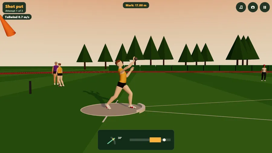 From the side, a shot putter in gold drives across the circle on a small-town track at evening.