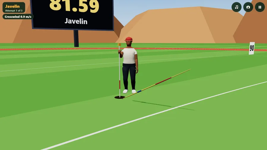 An official in a red cap holds a measuring pole at the mark; the board behind shows the distance.