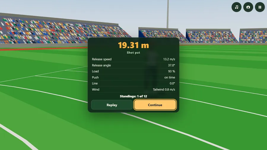 A result card over the infield: the distance, release speed and angle, and the standings in a final.