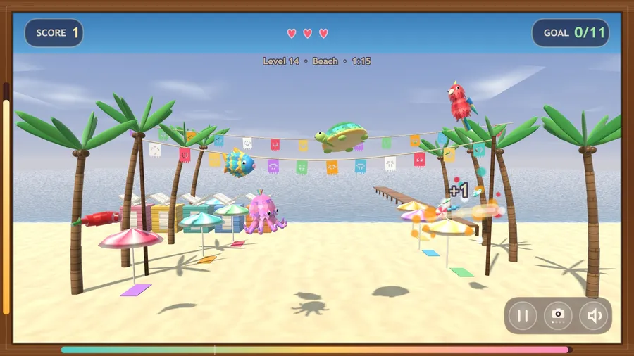 Beach level: fish, turtle, parrot and octopus piñatas over the sand, palm trees, beach huts and the sea