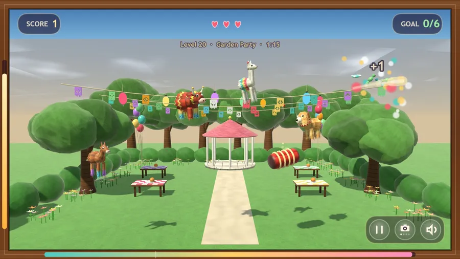 Garden party: a bull piñata charges past a llama, dog and horse over the lawn, the gazebo and picnic tables