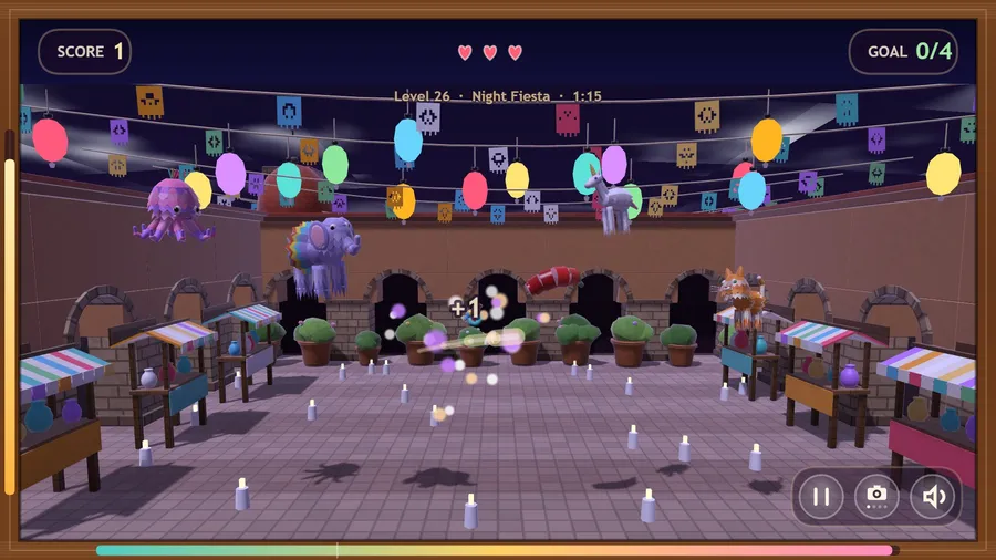 Night fiesta: elephant, unicorn, cat and octopus piñatas under coloured paper lanterns, candles on the floor