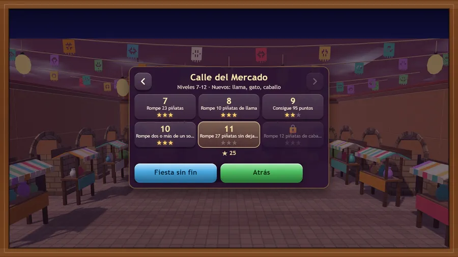 The level map in Spanish, Calle del Mercado: levels 7 to 12, each with its goal and its stars